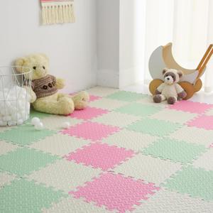 36 Tiles Foam Play Mat for Baby, 0.4 Inch Thick Foam Interlocking Floor Mats, Soft Non-Toxic Baby Playmat, Solid Colored Puzzle Play Mat Kids Floor Mats for Toddler(White/Pink/Bean Green)
