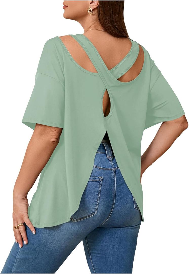 Women's Plus Size Cut Out Criss Cross Back Tee Open Back Short Sleeve Crew Neck Athletic Workout Tops (Green)
