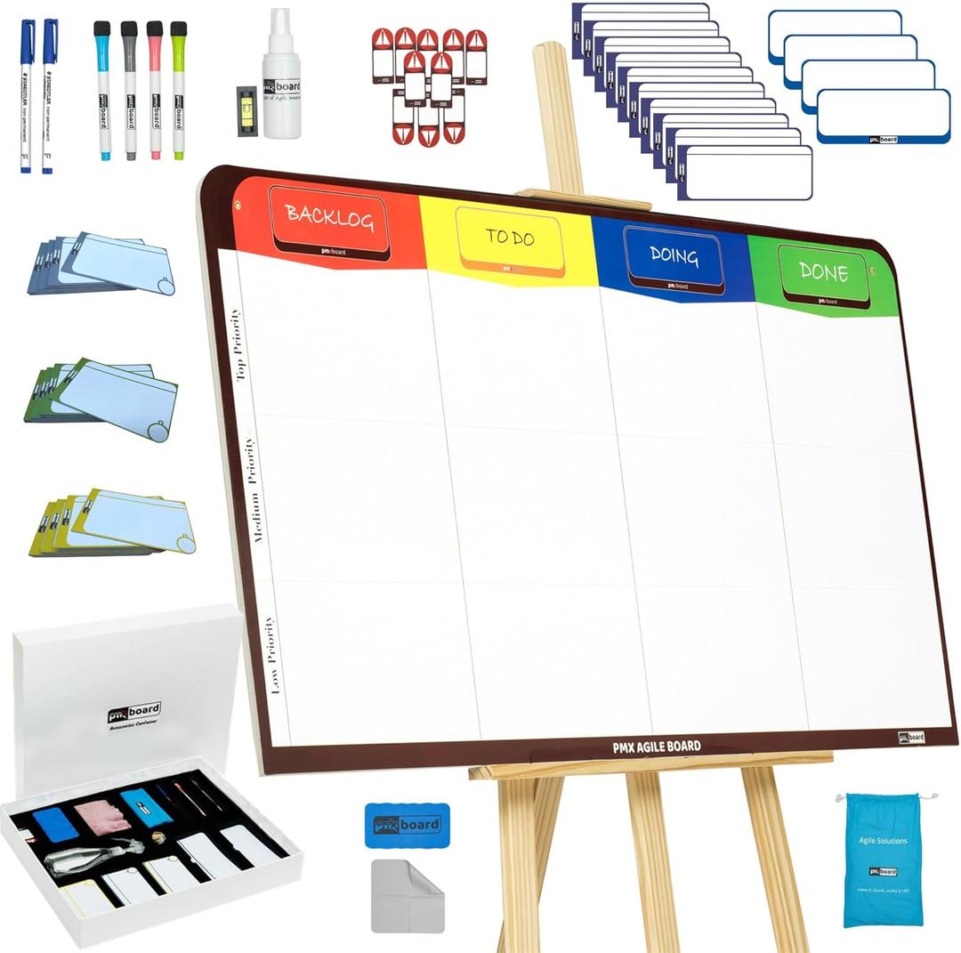 pmxboard Full Magnetic Agile Board Kit. Kanban Board, Scrum Board, Dry Erase Project Management Toolset. Includes Scrum Cards and kanban Cards Set. Project Planning Board for Agile Project Management