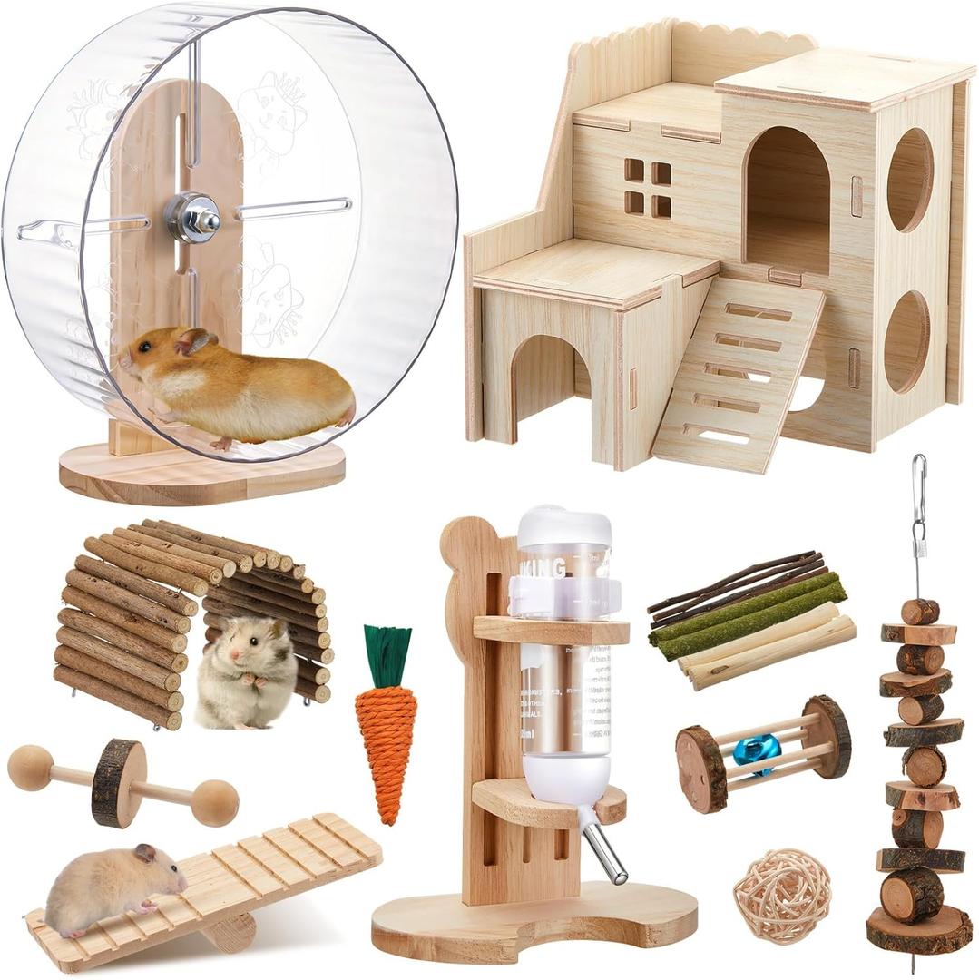Sonwyoung 18 Pcs Hamster Cage Accessories, Silent Hamster Wheel, 15 Chew Toys Set, Maze Wood House and Water Bottle Set for Rat Mice Small Animals Habitat (Fun Interactive Style)