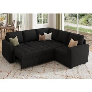 HONBAY Modular Sectional Sleeper Sofa with Pull Out Bed, Velvet Convertible L Shaped Couch with Storage Seat, Sectional Couches for Living Room, Black