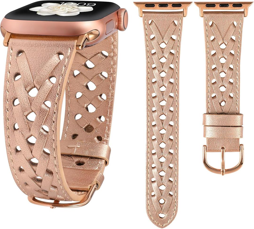 Wearlizer Leather Band Compatible with Apple Watch Band 41/40/38/44/45/46/49/42mm Women Men, Dressy Breathable Hollow-out Braided Strap for iWatch Bands Series 11 10 9 8 7 6 5 4 3 SE/Ultra 3 2 1