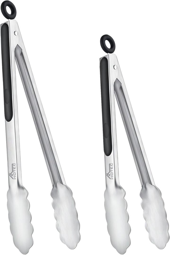 Hotec Stainless Steel Kitchen Tongs Set of 2 - 9" and 12", Locking Metal Food Tongs Non-Slip Grip