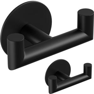 GWAAZXGZ 2 Pack Black Bathroom Hooks for Towels - Self Adhesive Double Hooks for Wall, No Drilling, Matte Finish, Strong Hold for Robes, Coats, Shower Use