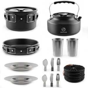 Camping Cooking Set 17-Piece with Kettle,Non-Stick Camping Cookware-Lightweight Backpacking Pots and Pans, Travel Hiking Pan Kit for Outdoor, RV Camp Cook Set, Mesh Bag Included