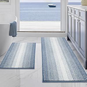 BSICPRO Bathroom Rugs and Mats Sets, 2 Piece Thick Absorbent Chenille Non Slip, Soft Shaggy Floor Mats, Machine Washable (Fog Blue, 20" x 47" Plus 16" x 24")