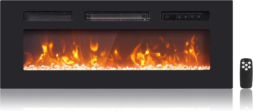 WAMPAT 36" Electric Fireplace in-Wall Recessed and Wall-Mounted with Remote & Panel Control, 1500/750W Fireplace Heater with Overheating Protection, 12 Adjustable Flame Color, 8H Timer, and Crystal