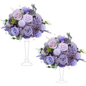2pcs 15inch Centerpieces Table Decorations Lavender & Purple Artificial Flowers Roses Balls for Wedding Centerpiece Party Bouquet Faux Floral Arrangement (Without Stand)