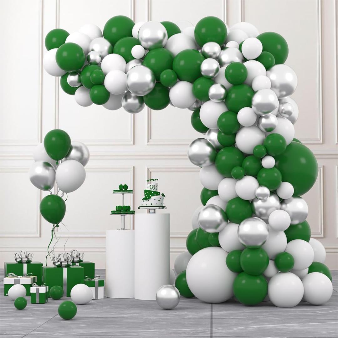 Emerald Green Silver White Balloon Arch Kit - Dark Green White Balloons Metallic Silver Balloon Garland for Camo Military Video Game Birthday Jungle Baby Shower Graduation Party Decorations