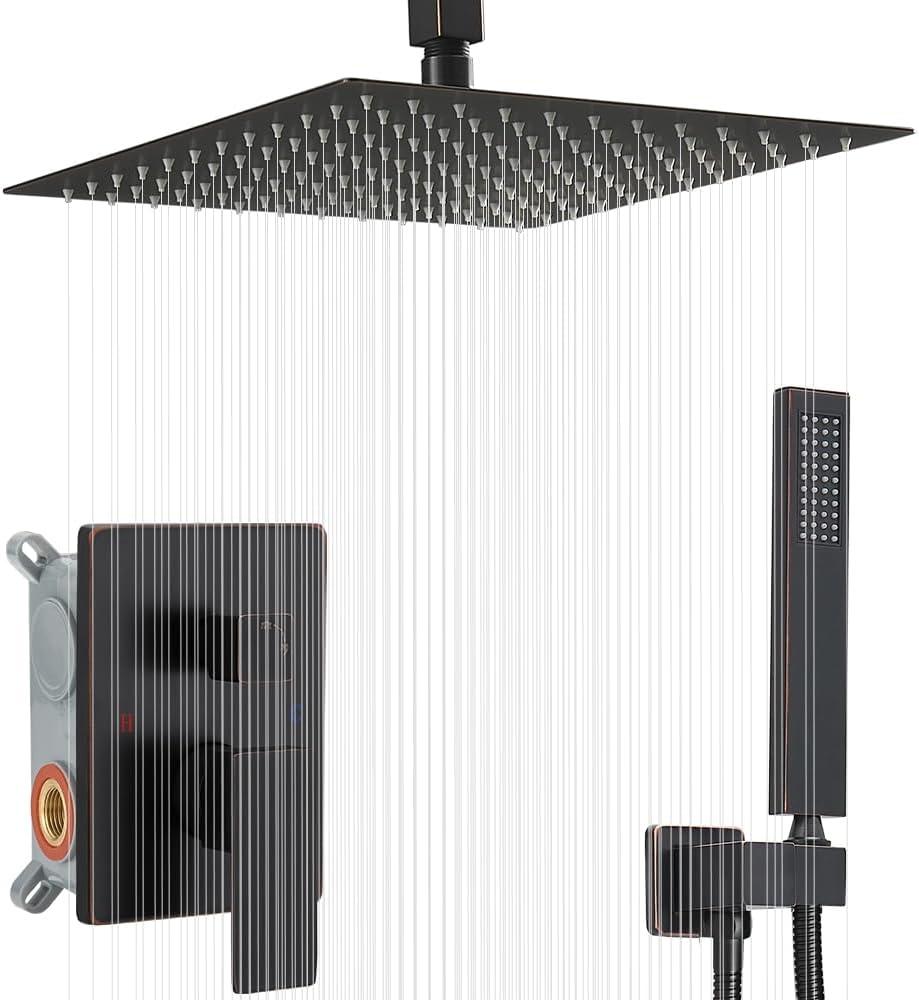 16 Inch Ceiling Mount Oil Rubbed Bronze Shower System Bathroom Luxury Rain Mixer Shower Combo Set Ceiling Rainfall Shower Head System (Contain Shower Faucet Rough-in Valve Body and Trim Kit)