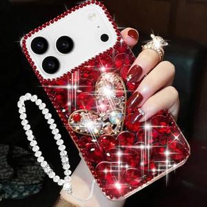 Changjia for iPhone 17 Pro Max Glitter Bling Case,Cute Luxury 3D Sparkle Heart Crystal Rhinestone Diamond Shiny Gemstones with Lanyard Wrist Strap Women Girls Phone Case for iPhone 17 Pro Max 6.9",Red