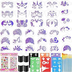 Face Paint Stencils Kit Includes Reusable Facial Painting Stencils, Sheets Tattoo Templates Stickers,  Brushes, Adhesive Gems,  Sponge for Halloween Festival Party Makeup