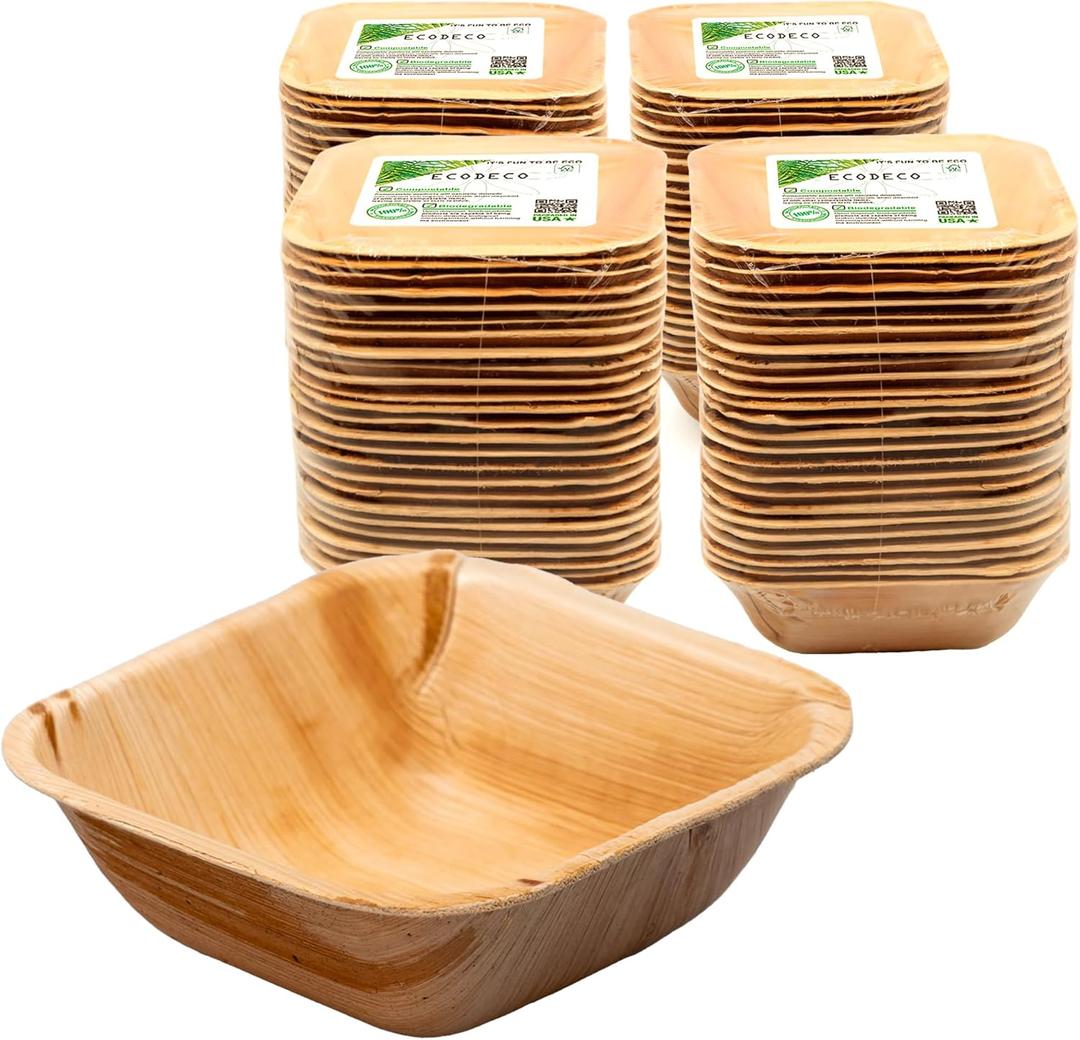 ECODECO Palm Leaf Square Bowls - 100 Natural 5-Inch Disposable Like Bamboo Party Plates