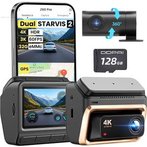 DDPAI 4K Dual Dash Cam Front and Rear, Dual STARVIS 2 IMX678 IMX662 Dashcam, Free 128G Card Included, Car Camera with 32G eMMC, 3K/60FPS, 5G WiFi GPS, 3" IPS, Night Vision, 24H Parking Mode, Z60 Pro
