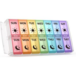 Weekly Pill Organizer 2 Times a Day Extra Large 7 Day Easy Fill Quick Fill Portable Fullicon AM PM Pill Box for Supplement, vitamine, and Medicine - (Patent Registered) (Multi-colored)