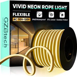 GZBtech Flexible LED Neon Rope Lights 82FT,AC 110-120V Waterproof Strip Light, 2800K Cuttable Connectable Neon Lighting for Indoor Outdoor Home Decor/Commercial Use-Warm White 25M, ETL Listed
