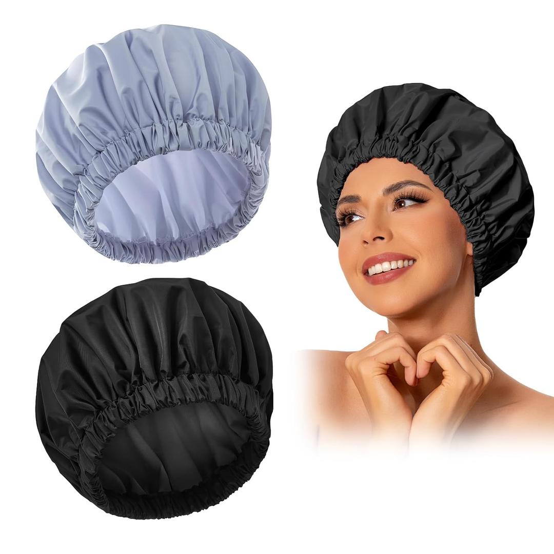 Reusable Shower Cap for Women, Large Waterproof Shower Bonnet Washable Elastic Band Bath Accessories Hair Hat for Long Hair, Braids (Black & Gray)