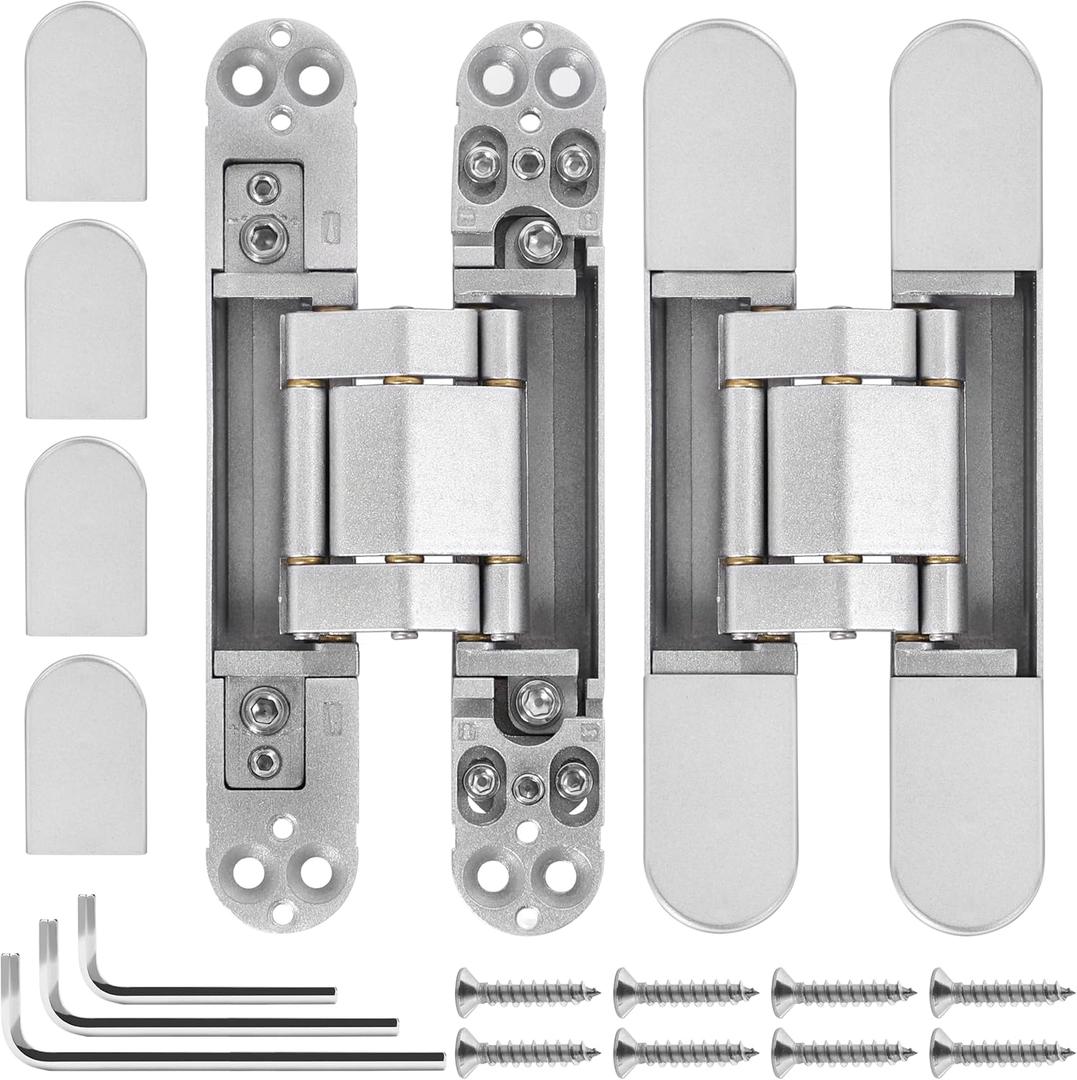2Pcs 6 inch Hidden Door Hinges -Invisible Hinges for Doors, 180 Degree Swing Concealed Hinges, 3 Way Adjustable & Heavy Duty (‎Silver)