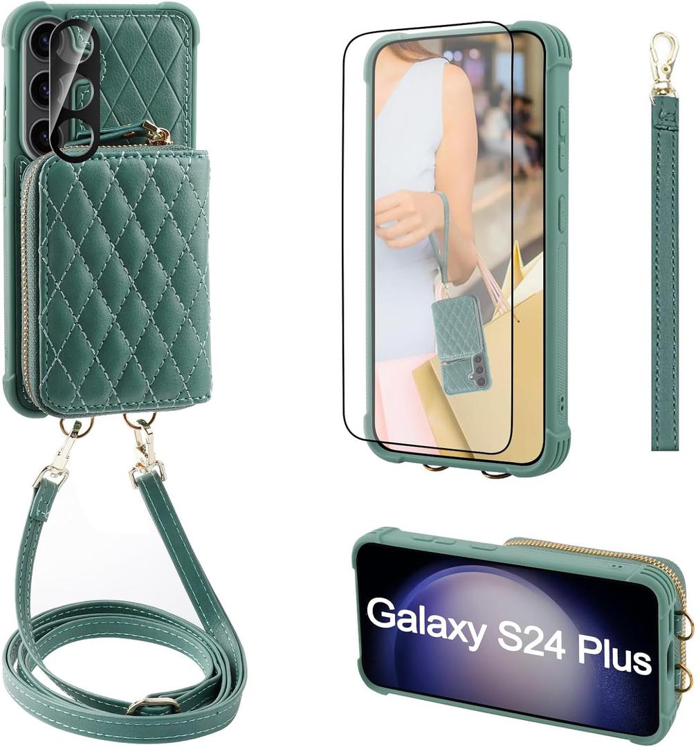 MONASAY Crossbody Wallet Case Compatible for Samsung Galaxy S24+ Plus 6.7 inch[Glass Lens and Screen Protector] Zipper Phone Cover with Card Holder and Handbag Shoulder Lanyard Strap, Light Green