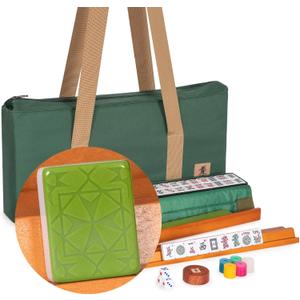 Yellow Mountain Imports American Mahjong Set, "Verdant Santorini - 166 Tiles with Green Soft Case, Wooden Racks with Pushers, Scoring Coins, Dice, and Wind Indicator, 21.7 X 10.6 X 3 Inches
