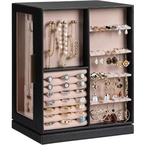 Frebeauty 360 Rotating Jewelry Box,PU Leather Jewelry Organizer with 6 Drawers,Large Jewelry Storage,Clear Window,Golden Handle,Vertical Jewelry Holder for Earrings Necklace,Gift for Women(Black)