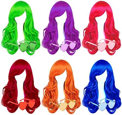SHENJIPPC Long Colored Wigs - 6 Pack Wavy Neon & Curly Color Wigs for Women - Come with Extra Neon Glasses - Bachelorette Party Favors (Blue, Green, Orange, Purple, Pink, Wine Red)