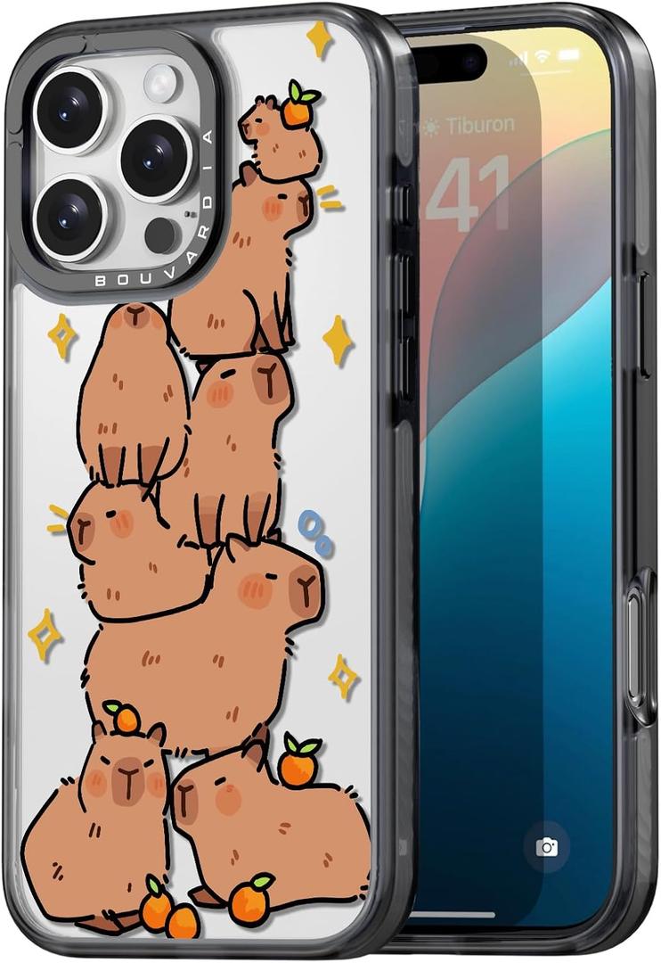 Bouvardia for iPhone 16 Pro Max Case, Cute Girly Design for Women, Protective & Aesthetic, Capybaras (Gray Bumper)