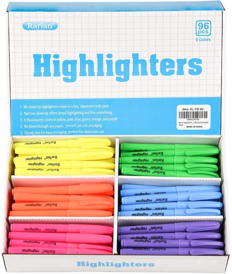 Rarlan Highlighters, Chisel Tip, Assorted Fluorescent, 96 Count Bulk Pack