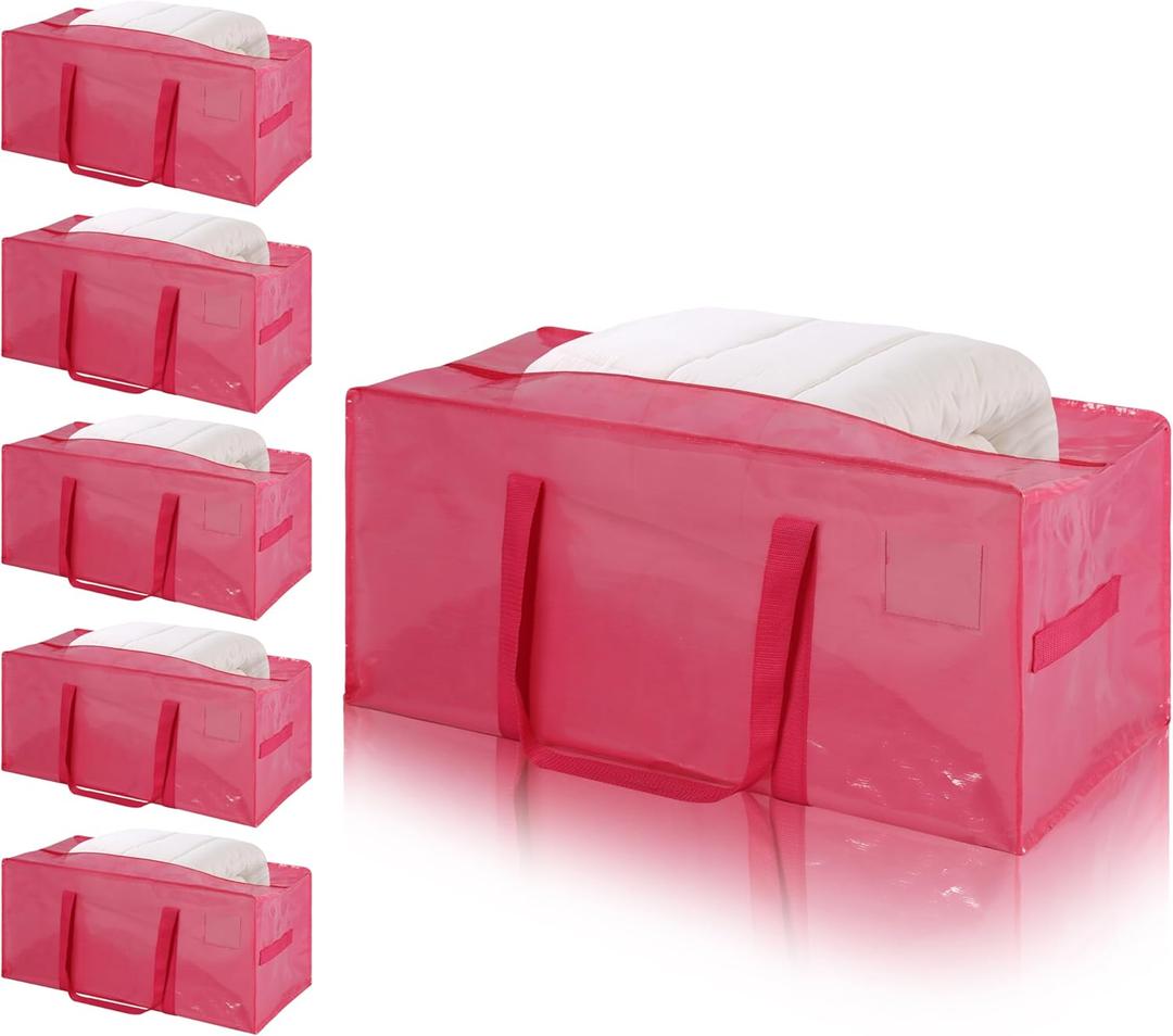 Pink Large Moving Bags, 5 Pcs Thick Storage Bags with Side Handles & Tag Pocket, Reusable Totes for Space Saving, Clothes, College Dorm, Travel, Moving Supplies