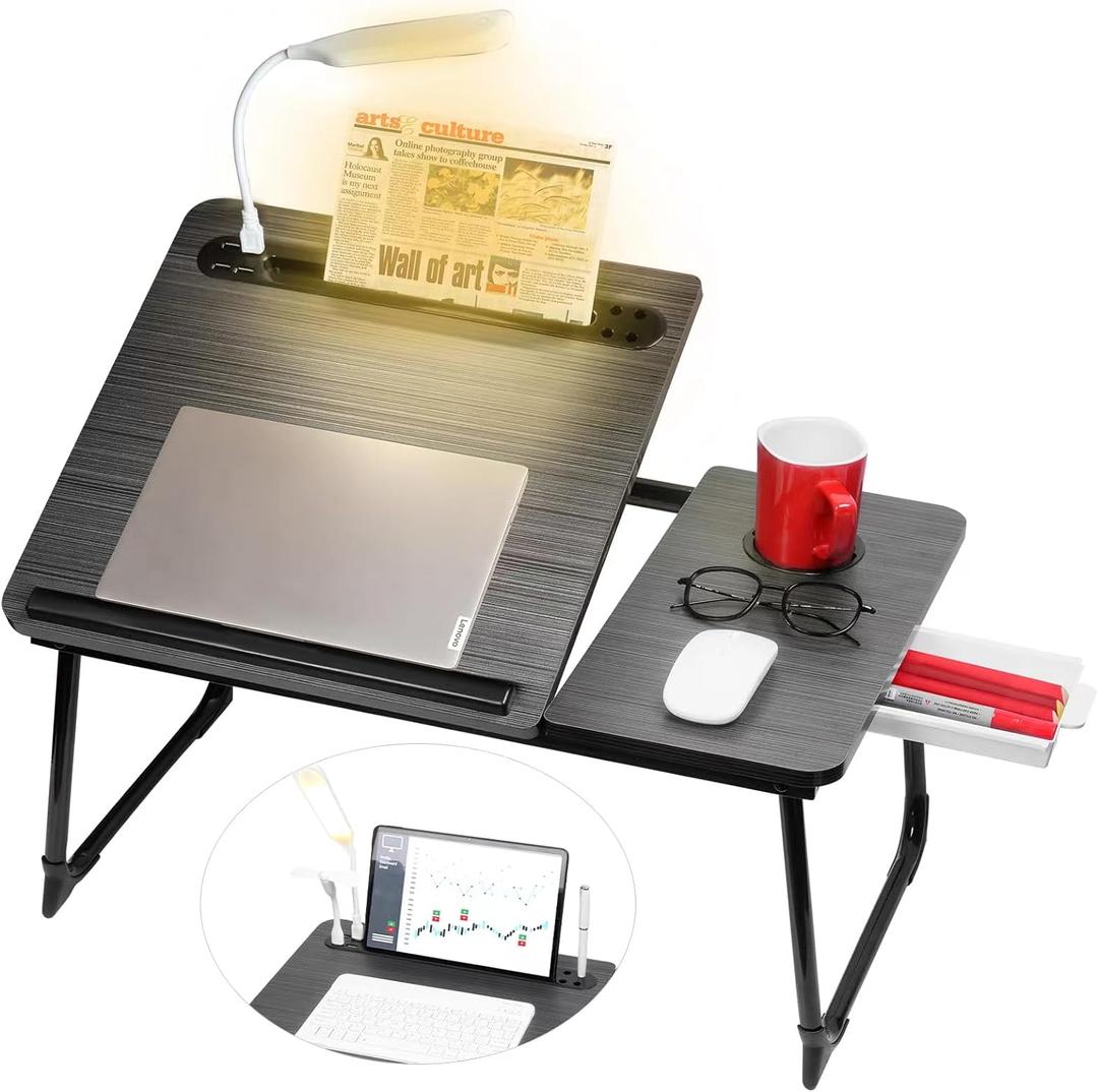 Plus XL Adjustable Laptop Desk with Light, USB Port, iPad Holder, Drawer Storage - Larger 23.6IN Adjustable Lap Desk for Bed, Home Office, Breakfast Tray, Fordable Legs Desk (Black)