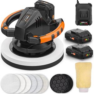 THINKWORK Buffer Polisher, 20V Cordless Buffer Polisher, 10 Inch Portable Polishing Machine Kit for Car, 2Pcs 2Ah Rechargeable Battery, 6 Variable Speed 1500-3600RPM,Double handle,Ideal for Car Waxing (Black)