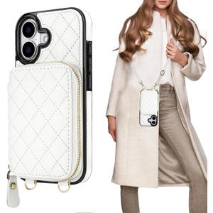 Bocasal Crossbody Wallet Case for iPhone 17, RFID Blocking PU Leather Zipper Handbag Purse Flip Cover, Kickstand Folio Case with Card Slots Holder Wrist Strap Lanyard 5G 6.3 Inch (White)