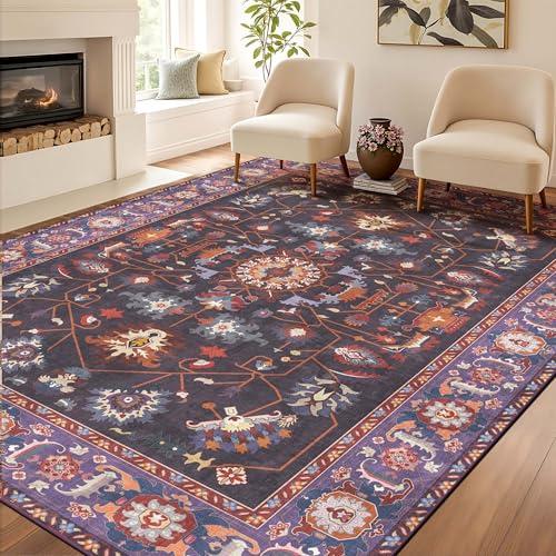 Kokia Living Room Area Rug Soft Washable Non Slip Low Pile Purple Oriental Stain Resistant Rugs for Bedroom, Playroom, Dining Room, Kitchen, Indoor Leisure Rooms, Nova Violet Plum