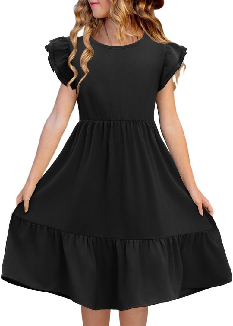 Haloumoning Girls Dresses Kids Summer Double Layer Ruffle Sleeve Dress 5-14 Years (7-8 Years, Black)