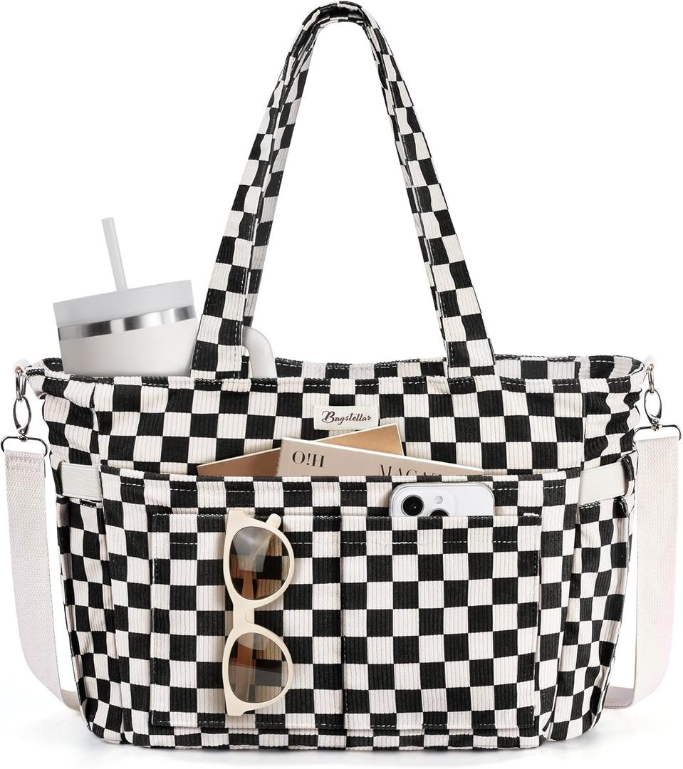 Bagstellar Corduroy Tote Bag for Women, 17 Pockets Laptop Work Tote Bag Lightweight Teacher Nurse Bible Bag for School Travel | with 40oz Cup Holder, Multi Compartment, Zipper Crossbody Bag, College Shoulder Bag, Daily Purse w/ Strap, Ideal Gift for Women (Black Checkered)