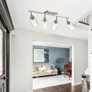 Bathroom Vanity Lighting,Modern 4-Light Track Lighting Fixtures Ceiling,Brushed Nickel Semi Flush Mount Ceiling Light with Clear Glass Shade Flexibly Rotatable Light Head Kitchen Track Light