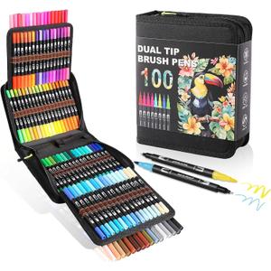 TOSHARE Dual Tip Markers, Brush Art Markers Set with Fine Tip and Brush Tip for Adult Coloring Book, Hand Lettering, Calligraphy & Drawing, Professional Art Supplies Kit for Adults (100 Colors)