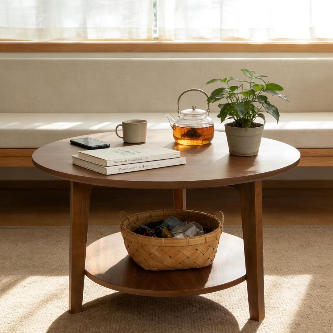 2-Tier Round Coffee Table Wood Nesting Side Table (Walnut, 28x28x18)