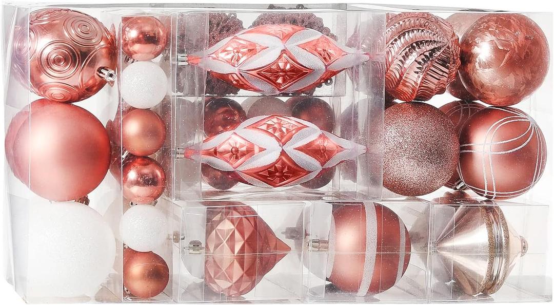 XmasExp Christmas Ball Ornaments Assorted Shatterproof Christmas Ball Set with Reusable Hand-held Gift Package for Xmas Tree Decoration (Rose Gold, 102pcs)