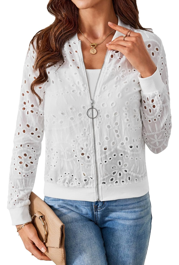 SweatyRocks Women's Bomber Jacket Eyelet Embroidery Long Sleeve Casual Hollow Out Lightweight Zipper Up Jacket L