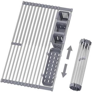 LIONONLY Expandable Roll Up Dish Drying Rack, 304 Stainless Steel Over The Sink Dish Drainer Rack, Foldable Rollable Kitchen Sink Rack with 2 Removable Utensil Holder 12.59”-12.59”to 23.22”