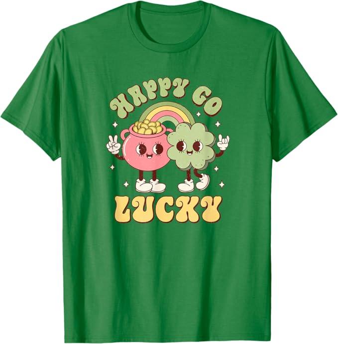 Happy Go Lucky, Lucky Charm, Retro Groovy St Patricks Day T-Shirt M