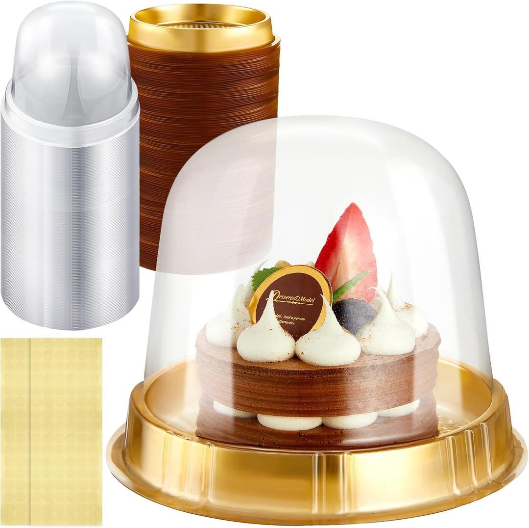 Individual Cupcake Boxes Clear Plastic Cupcake Containers Disposable Single Cupcake Holder with Lid Gold Tall Cake Carrier 4.3 Inch Diameter 4.2 Inch Height with Stickers for Wedding(100Pcs)