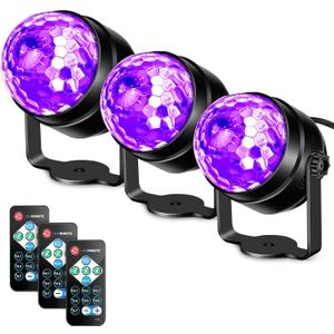 Litake Black Light for Glow Party, 6W UV LED Disco Ball Strobe Lights for Dark Party Supplies, Sound Activated with Remote Control, Dj Light for Halloween Xmas Birthday Party Home Decorations, 3 Pack