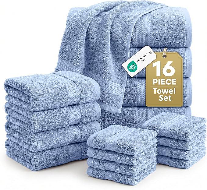 LANE LINEN 100% Cotton Bath Towels 16 Piece Set - Super Soft, Quick Dry & Absorbent - 4 Bath, 8 Washcloths, 4 Hand Towels for Bathroom - Hotel Quality, Minimal Lint after 3 Washes - Cerulean Blue