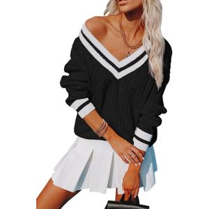 Womens V Neck Oversized Sweaters Long Sleeve Cable Knit Pullover Striped Chunky Sweater Casual Tennis Tunic Tops (Small, All Black)