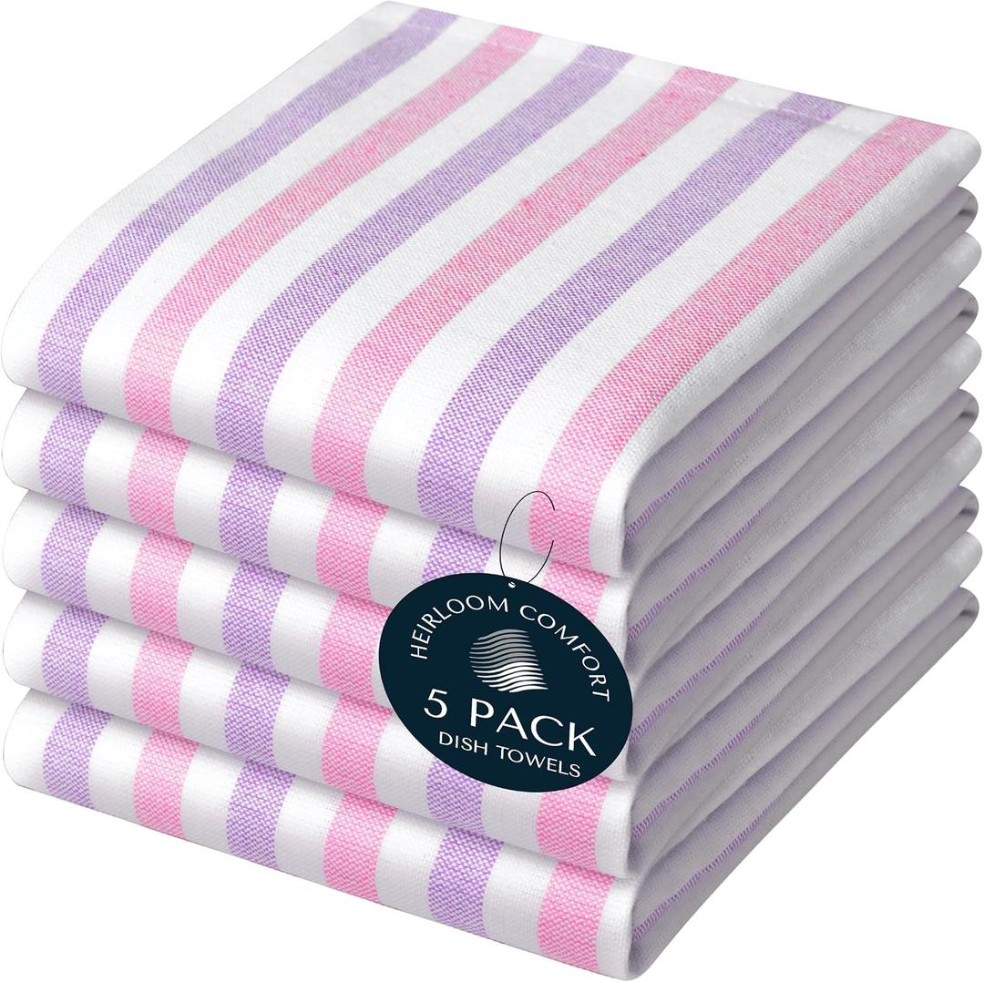 Fiesta Stripe 100% Cotton Dish Towels Set of 5, Large 18x26 Inch, Quick Dry, Absorbent & Reusable for Cleaning, Cooking, Kitchen Decor, Machine Washable, Rose Pink & Lavender