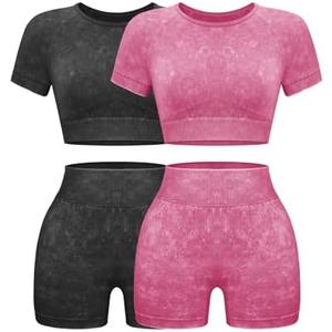 OLCHEE Womens Workout Sets 2 Piece - Seamless Acid Wash Yoga Outfits Shorts and Crop Top Matching Gym Athletic Clothing Set, Size XXL