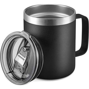 ALOUFEA 12oz Stainless Steel Insulated Coffee Mug with Handle, Double Wall Vacuum Travel Mug, Tumbler Cup with Sliding Lid, Black