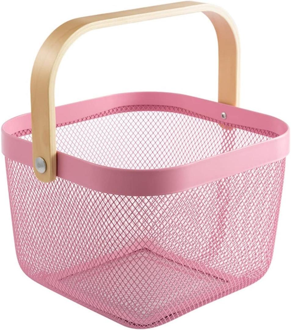 Mesh Steel Storage Organizer Basket Fruit Basket Bin with Wood Handle Ideal for Kitchen Bathroom Picnic Baskets Pantry Cabinets Storage Home Decor (Pink)